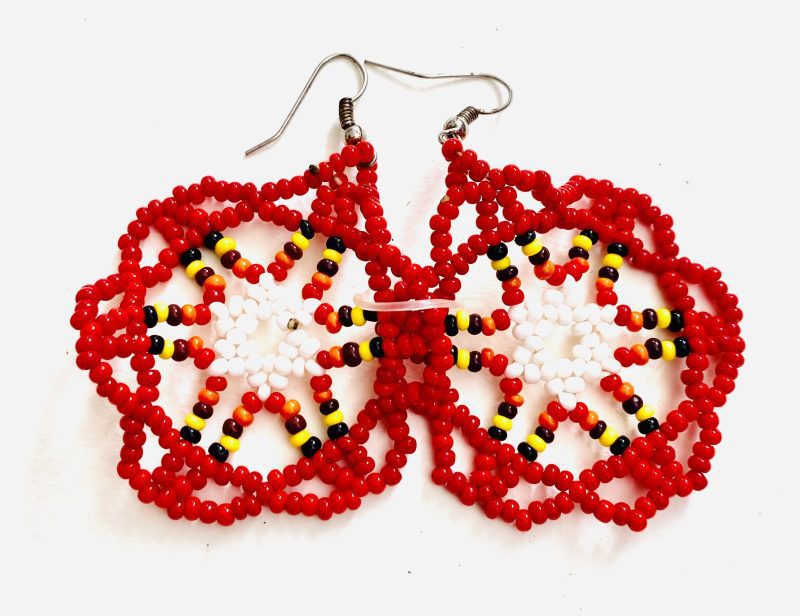 Huni Kuni People: Bright Red Mix Beaded Earrings - Image 2